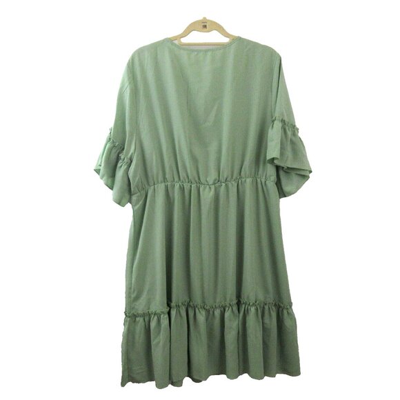 Shein Womens Dress Size 3XL Green Ruffle Tiered 3/4 Flutter Sleeve V-Neck Flowy - Picture 2 of 5